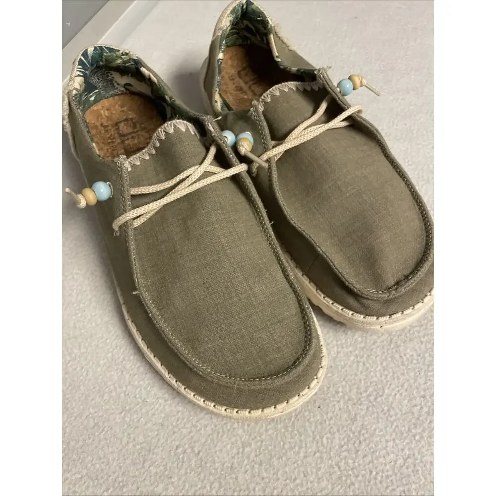HEYDUDE Wendy Natural Rosemary Green Beaded Slip On Shoes Women's Size US 10
